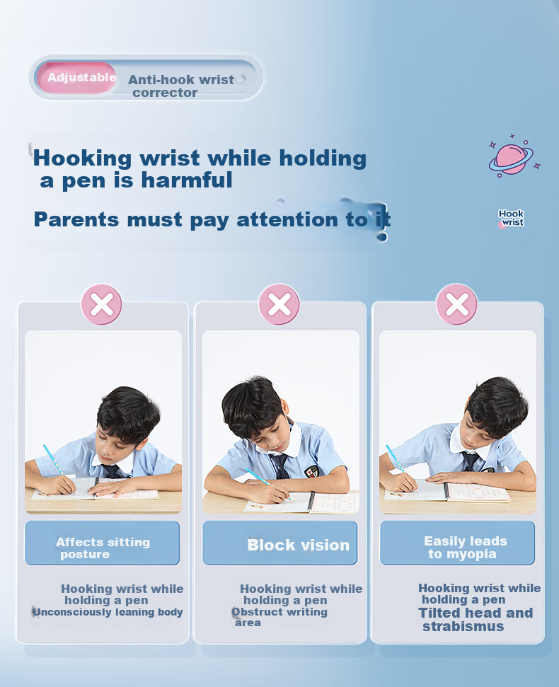 Wusheng Adjustable Anti-Wrist Hook Pen Grip Corrector for Kindergarten Beginners, Writing Posture Correction, Children's Handwriting Practice, Anti-Inward Hook Wrist Fixation for Elementary School Students, Pencil Grip Training, Pink 1