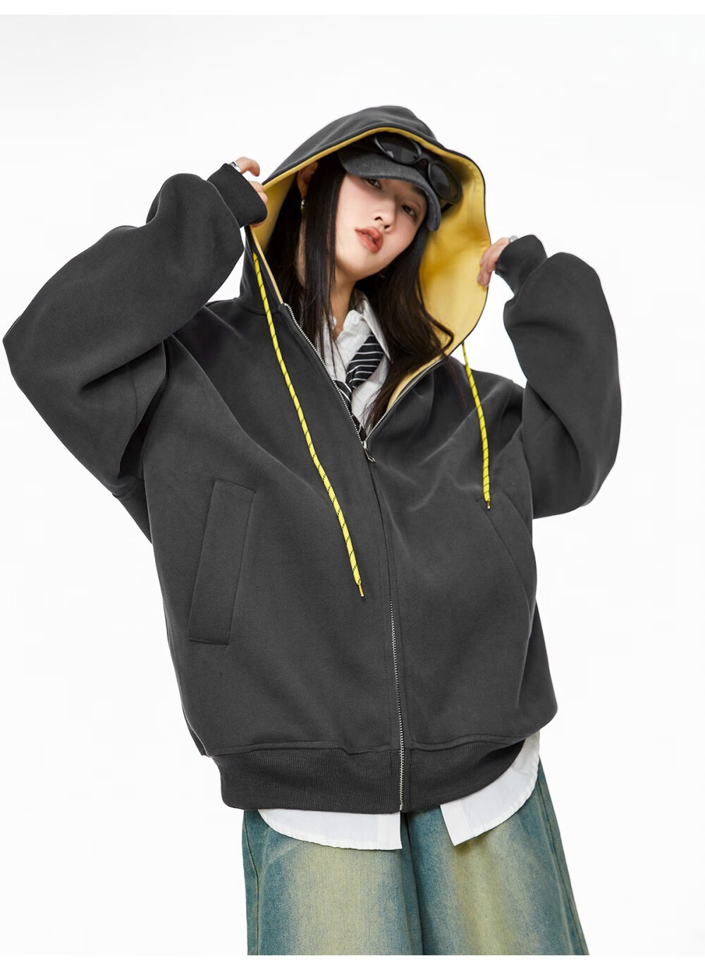 ICH MODE Women's Hoodie American Vintage Loose Fit Zip-up Sweatshirt Spring Autumn New Light Heather Gray L 44