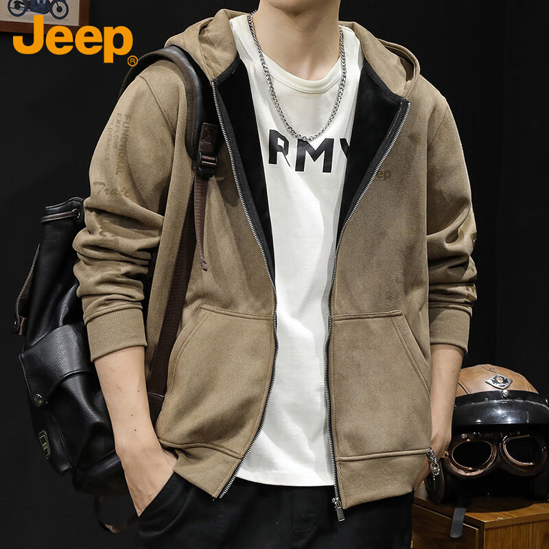 JEEP Men's Hoodie Zip-up Sweatshirt Autumn Winter Loose Thick Jacket Khaki 3XL