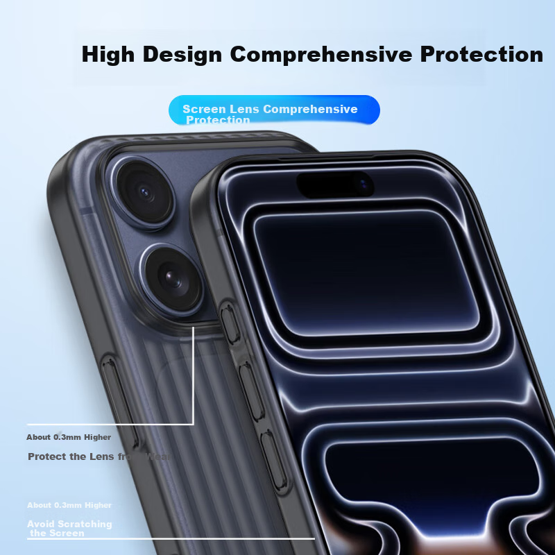 Чехол для Apple iPhone 17 Pro KMaxAI, ультратонкий, матовый PP, полное покрытие, защита от отпечатков пальцев, полупрозрачный, с гофрированным узором, прозрачно-черный