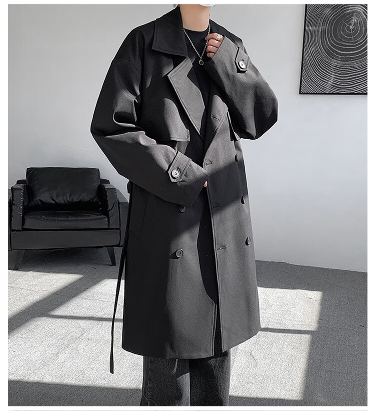 NASA GOOD Men's Mid-Length Trench Coat Autumn Winter Cold-Resistant Warm Loose Casual Double-Breasted Belted Jacket Black L 10