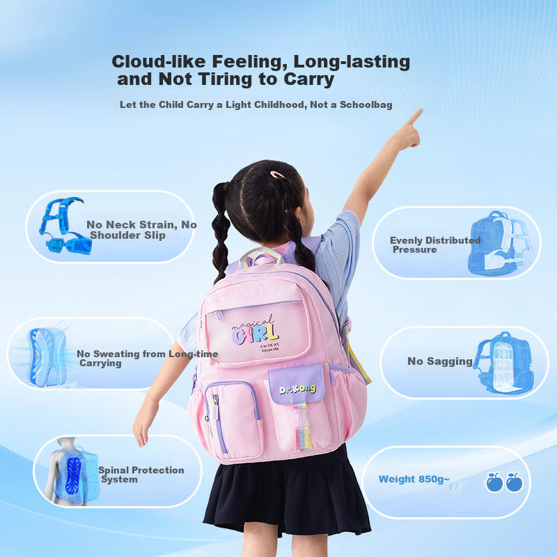 DR·KONG Backpack for Primary School Students Grades 1-3 Girls, Large Capacity Lightweight Double Shoulder Bag with Spine Protection And Load Reduction, Children's Day Gift