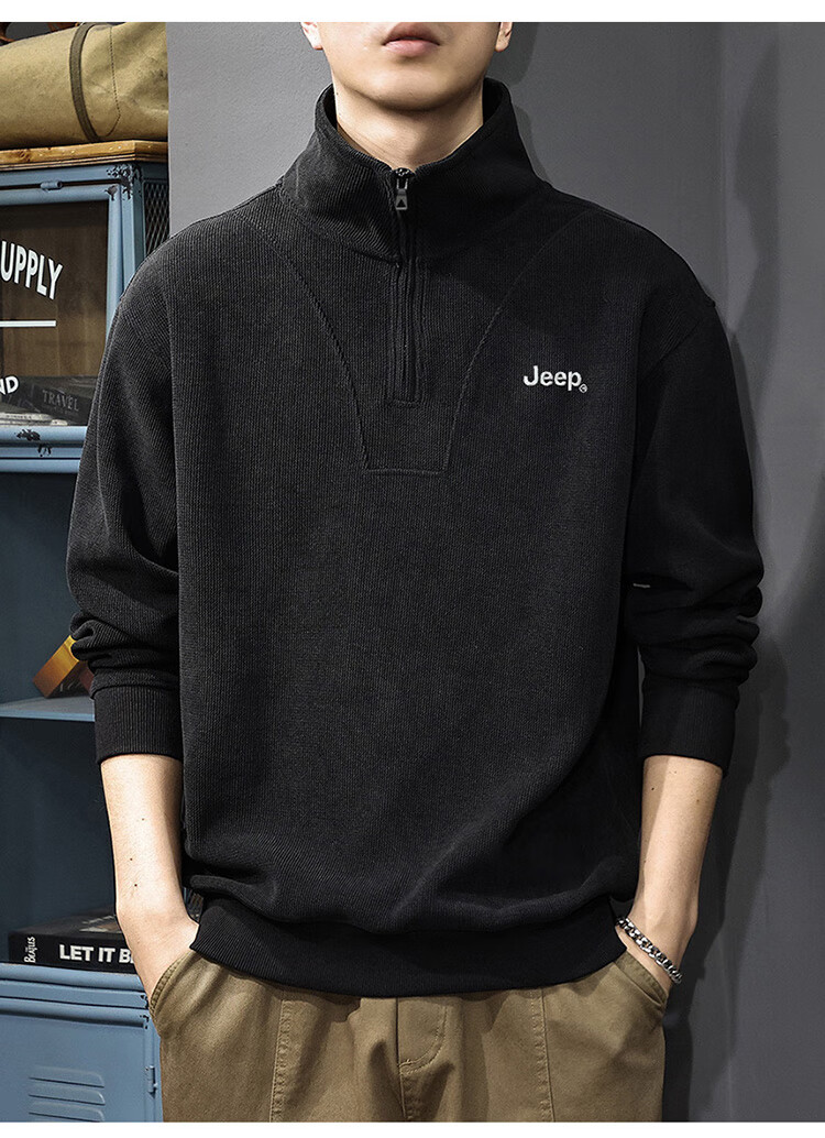 JEEP Men's Autumn Winter Zip-up Loose Long Sleeve Corduroy Thickened Warm Sweatshirt Black L 6