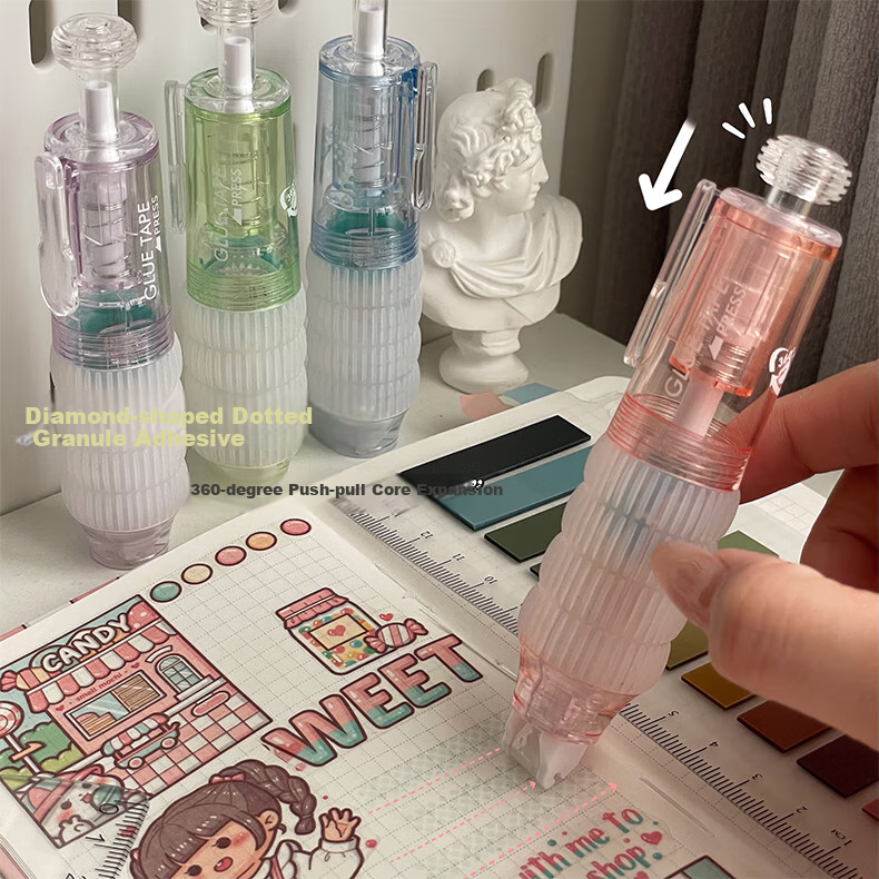 Shaonianban Dotted Glue Pen, Retractable High-Value Dotted Glue Pen with Correction Tape, Strong Double-Sided Adhesive, Large Capacity, Children's Craft High Viscosity, Green Grape Ice Lemo 5