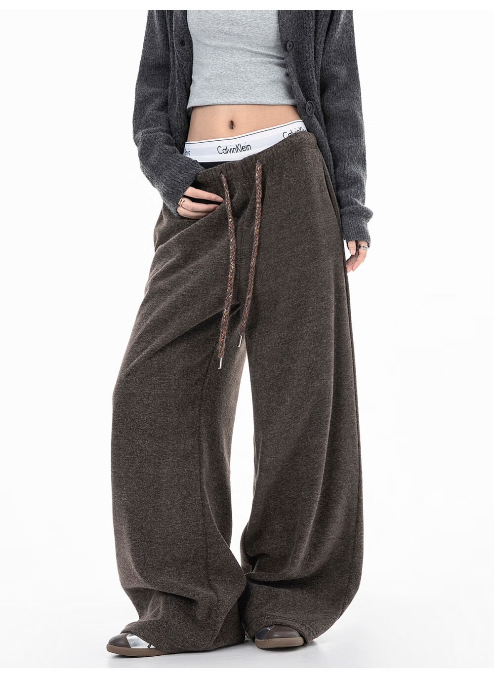 ICH MODE Women's American Style Fleece-Lined Casual Loose Fit Lazy Straight Wide-Leg Sports Pants Thickened Sweatpants Glutinous Rice Color XL 14