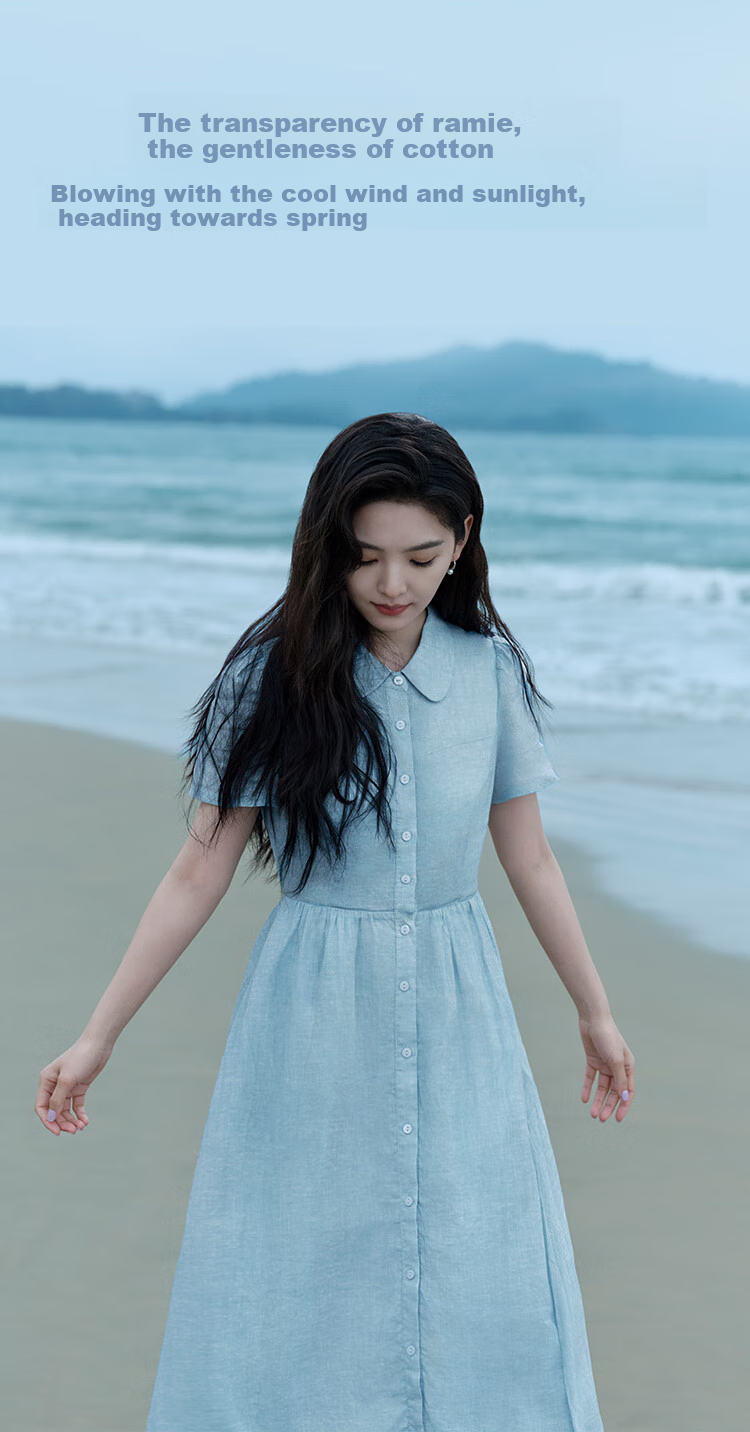 INMAN INMAN [Runway Style] Ramie French Doll Collar Dress for Women, Summer 2026 New Light Blue M 4