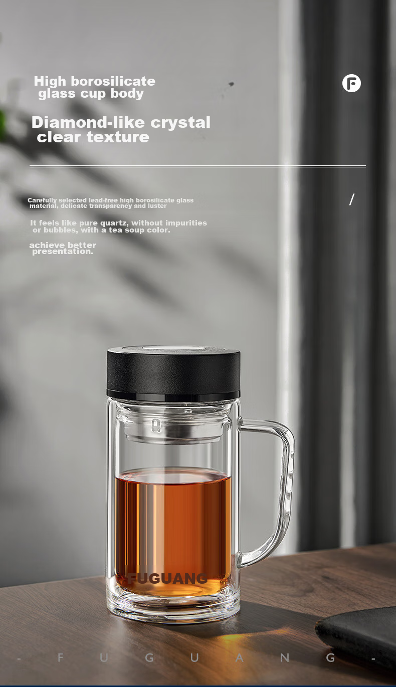 Fuguang Large Capacity High Borosilicate Double-Layer Glass Cup with Tea Strainer, Thickened Water Mug with Handle, Tea Infuser Cup, Office Mug 5