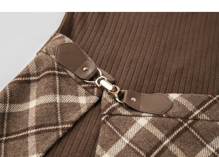 Demana "Past Stories" Autumn Urban Vintage Style Plaid Patchwork Decorative Buckle Petite Women's Dress 3