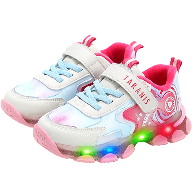Tailannis Winter Kids Sports Shoes Boys and Girls Controllable Switch Light-Up Shoes Fleece Lined Warm Cotton Shoes Pink/Blue Size 27