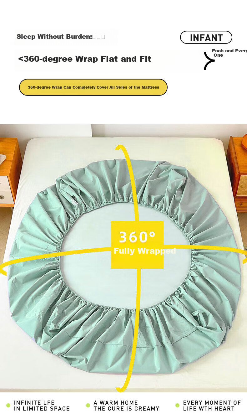 Grace Class 7A Antibacterial Fitted Sheet, Pure Cotton Washed Cotton Bed Cover, Full Coverage Mattress Protector, for 1.8m Bed, Tingqing Color 7