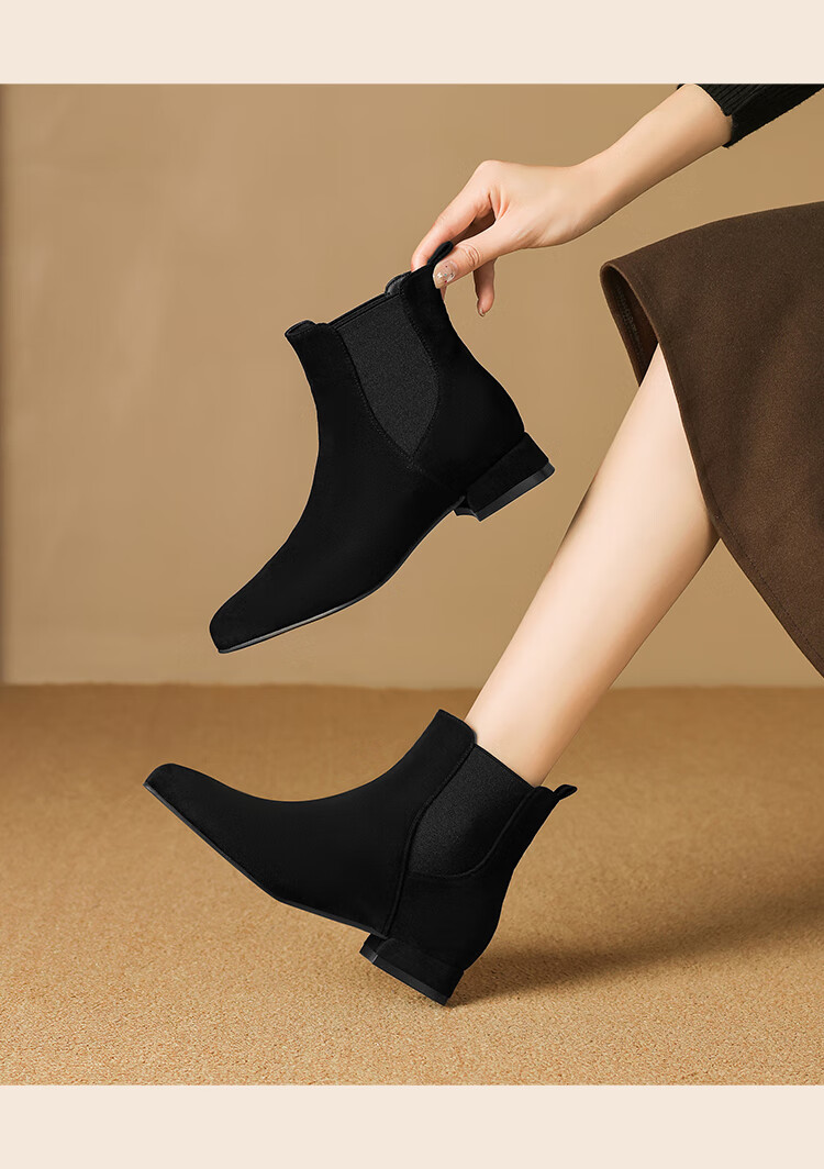 ZHR Women's Autumn Winter Suede Pointed Toe Fleece-Lined Chelsea Boots, Versatile Commuter Chunky Heel Boots K379A Black Size 36 3