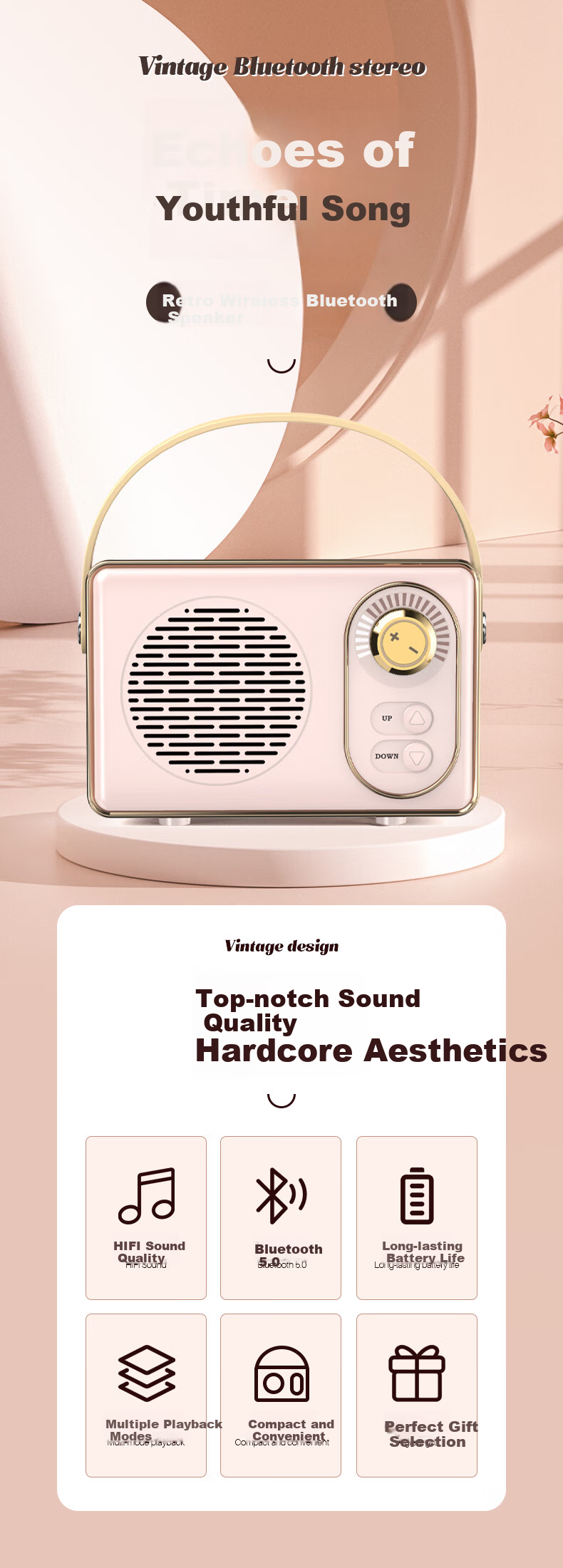 Weizhi Wireless Portable Bluetooth Speaker, Cute Retro Mini Sound System for Home Use, Metal Subwoofer DZ-004 White 1