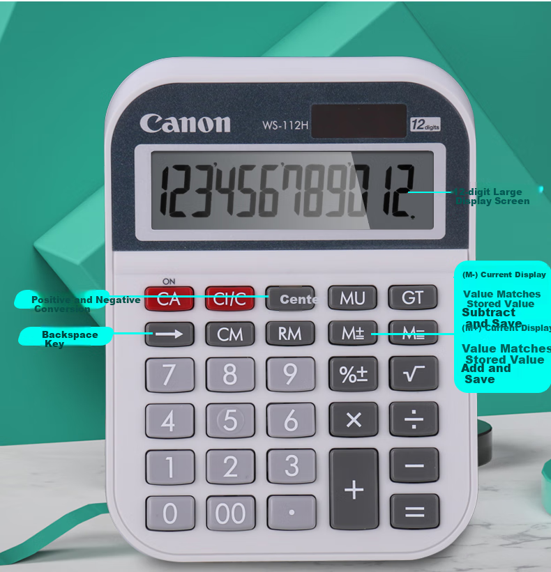 Canon WS-2212H Desktop Solar-Powered Wide-Screen Financial Business Calculator for Office, Large Size, Quick Calculation, Bank Multi-Function 12-Digit Dual Power Calculator 3