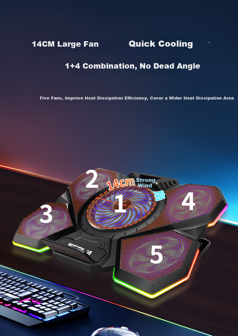 ECOLA Gaming Laptop Cooling Stand, Douzhanzhe Zhans7000 Gaming Five-Fan Cooler with Ten RGB Colorful Light Effects + 7 Adjustable Height Settings NBC-T907 BK 4