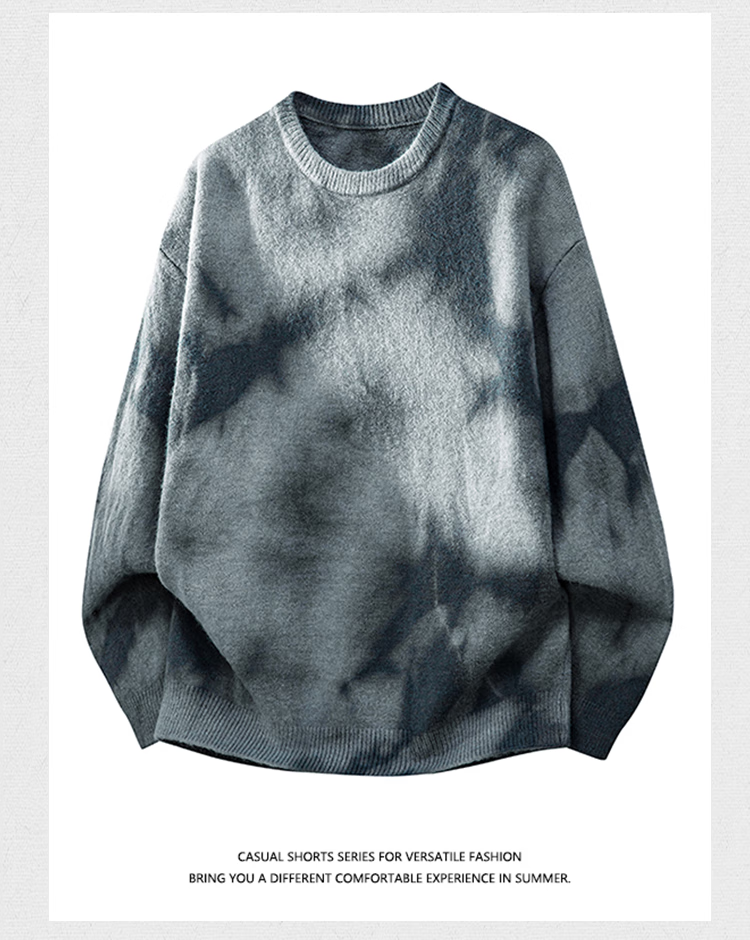 Dingfengbaoluo Tie-Dye Men's Sweater Autumn Winter Trendy Casual Warm Round Neck Cashmere Base Knitwear CMD16 Light Gray 3XL 2