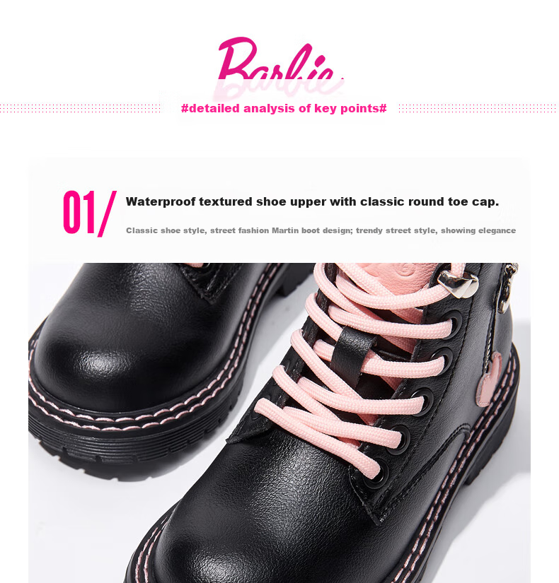 Barbie Kids Spring and Autumn Single-Lined Children's Boots Girls Martin Boots Fashion Short Leather Boots DA5085 Black Size 35 8