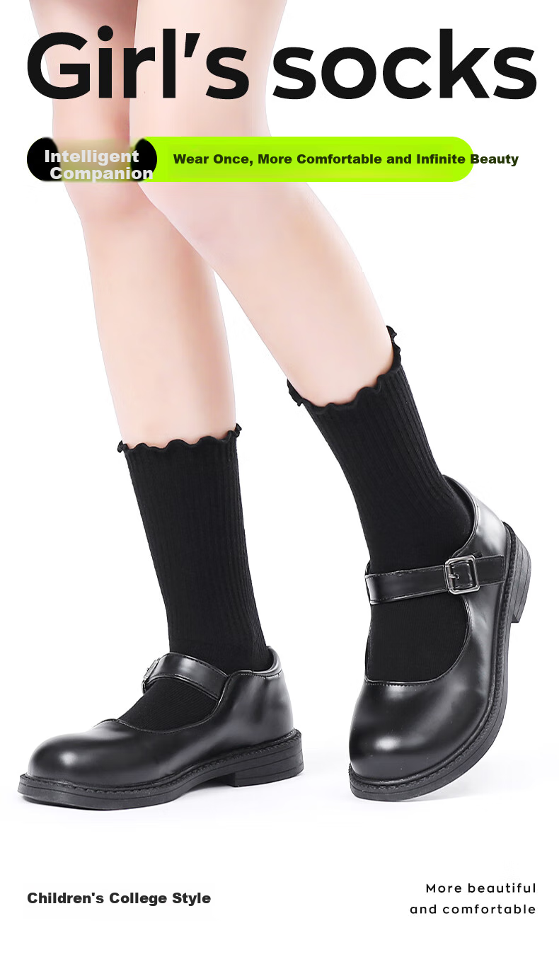 Zhiyouban Girls' Black Socks for Spring, Autumn And Summer Cotton Mid-Calf Socks with Princess Lace Trim for Girls, White Versatile Student Socks 1