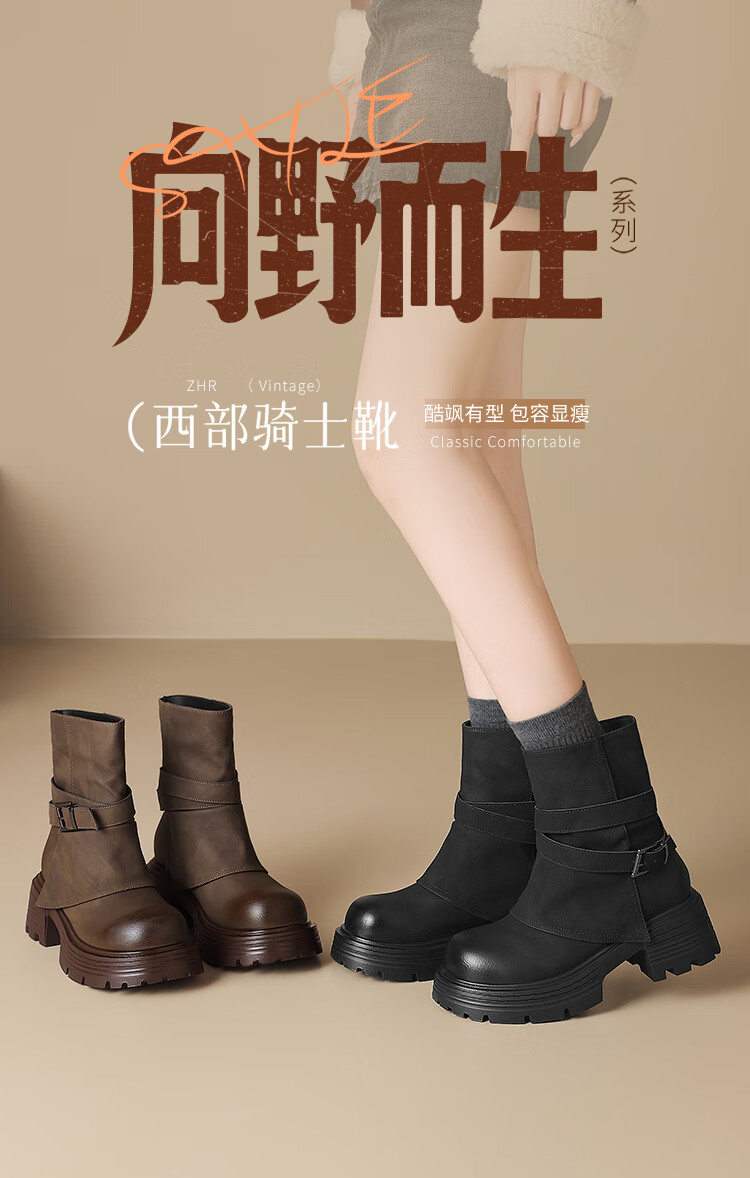 ZHR [Xu Ruohan Same Style] Fleece-Lined Short Boots Women Winter Thick-Soled Martin Boots Snow Boots KN261A Black Size 37 1