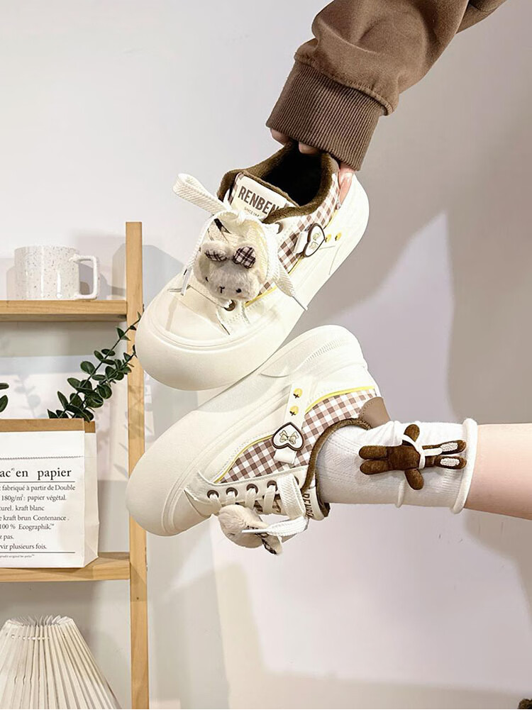 Renben Fleece-Lined Women's Cartoon White Shoes Winter New Cotton Shoes Thick Sole Casual Shoes Khaki Cotton Shoes Size 39 3