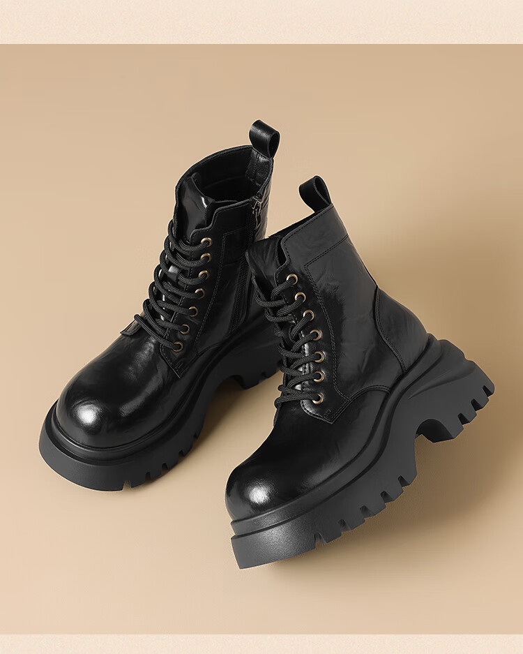 ZHR Women's Martin Boots Small Size Thick Sole Retro Ankle Boots Height Increasing Casual Women's Boots JF356A Black 37 8