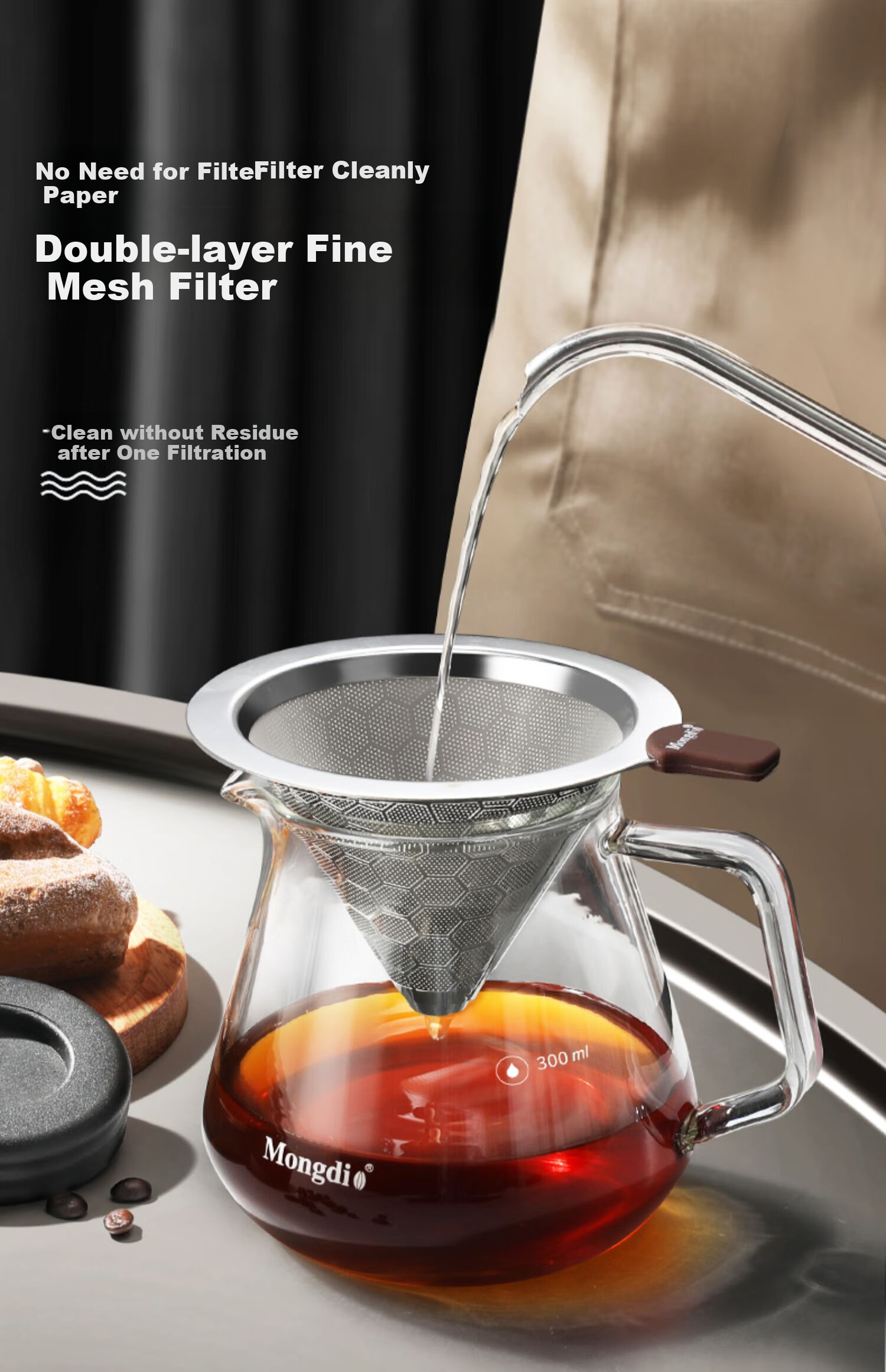 Mongdio Coffee Filter, Ultra-Fine Mesh, Stainless Steel Pour-Over Coffee Filter Cup, Paperless Coffee Filter, Coffee Grounds Funnel, 800 Mesh 1