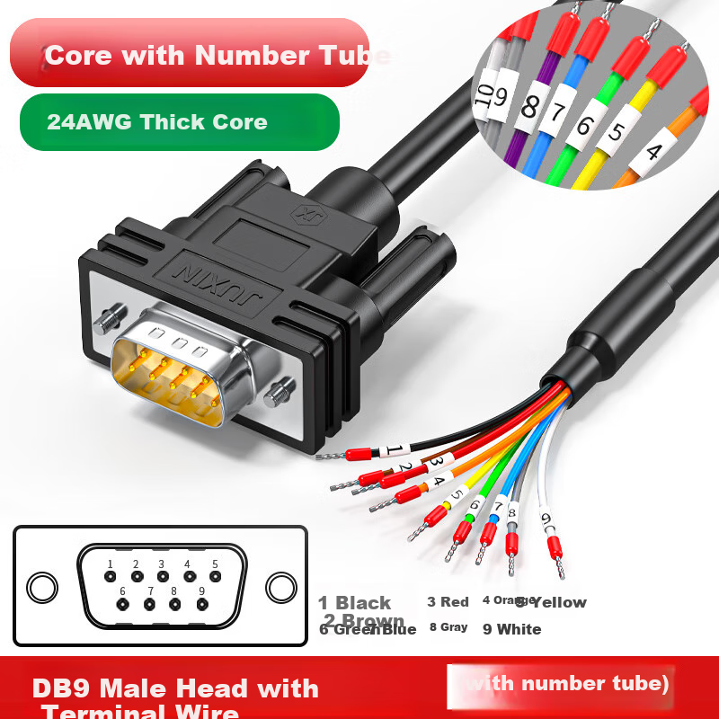 Кабель JUXIN DB9 Male to Wire RS232/485 Serial, 9-Pin, без пайки, 24AWG, двойное экранирование, 1 метр