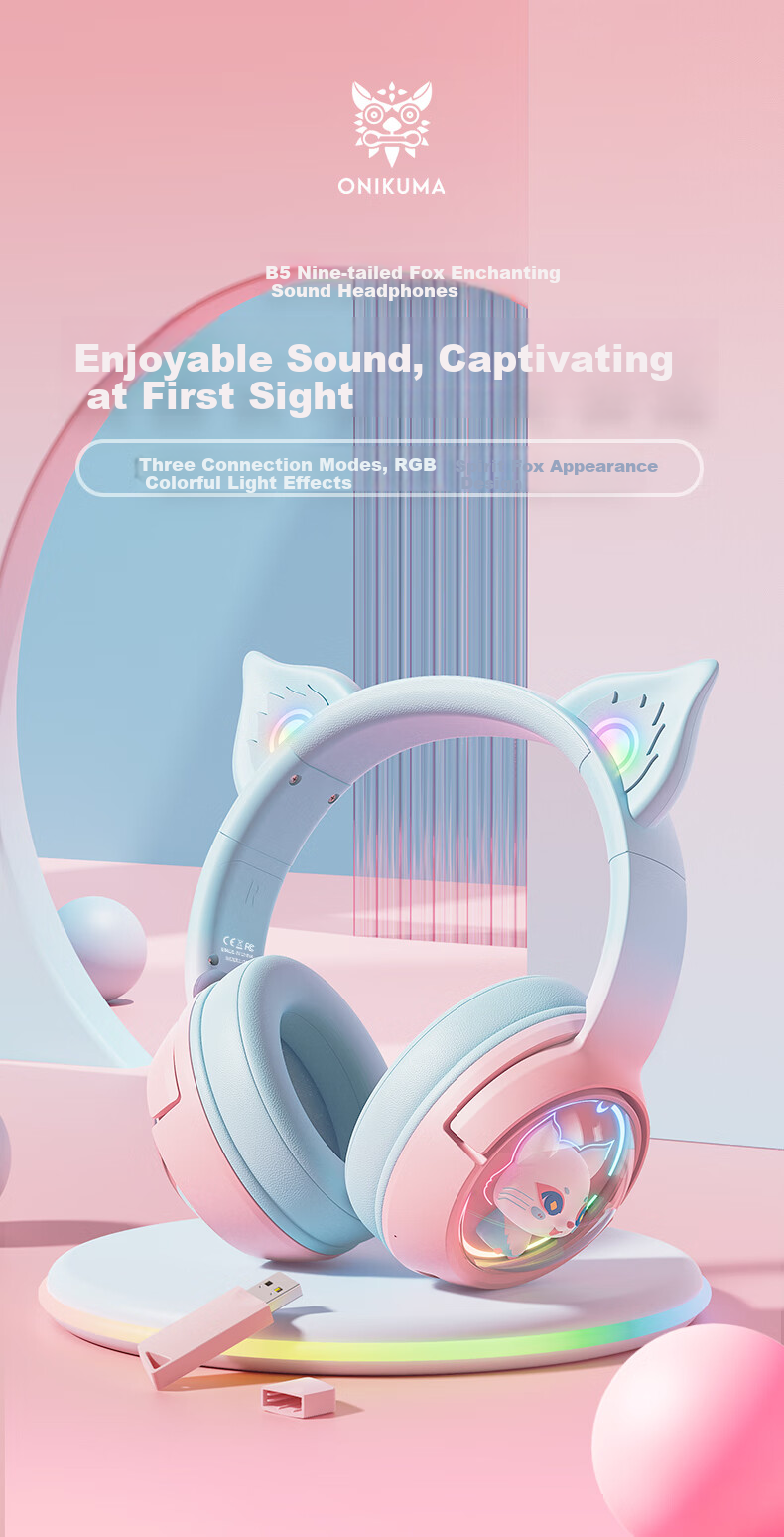 ONIKUMA Wireless Bluetooth Headphones with Microphone, Noise-Cancelling, for Women's Online Classes, Music, Gaming, Three-Mode Headphones, Suitable for Live Streaming, Computers, Tablets, Cute Cat Ears Design, Birthday Gift 1