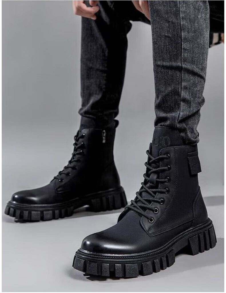 XO Men's Martin Boots Leather 2025 Autumn Winter High-Top Thick-Soled Work Boots Black Size 43 2