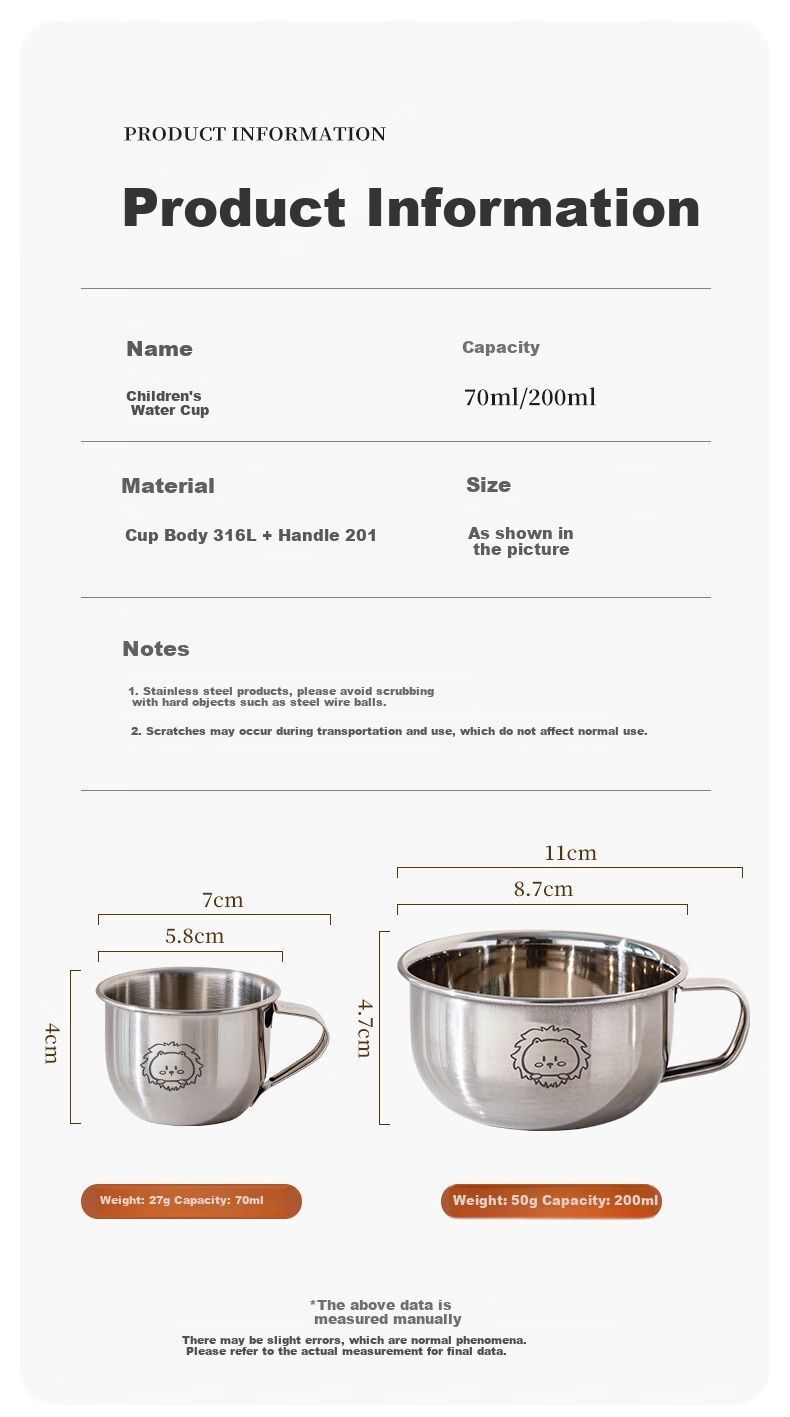 TREEJACK 316L Stainless Steel Cartoon Children's Small Water Cup, Baby Kindergarten Home Use Open Cup Milk Tea Beverage Mug 6
