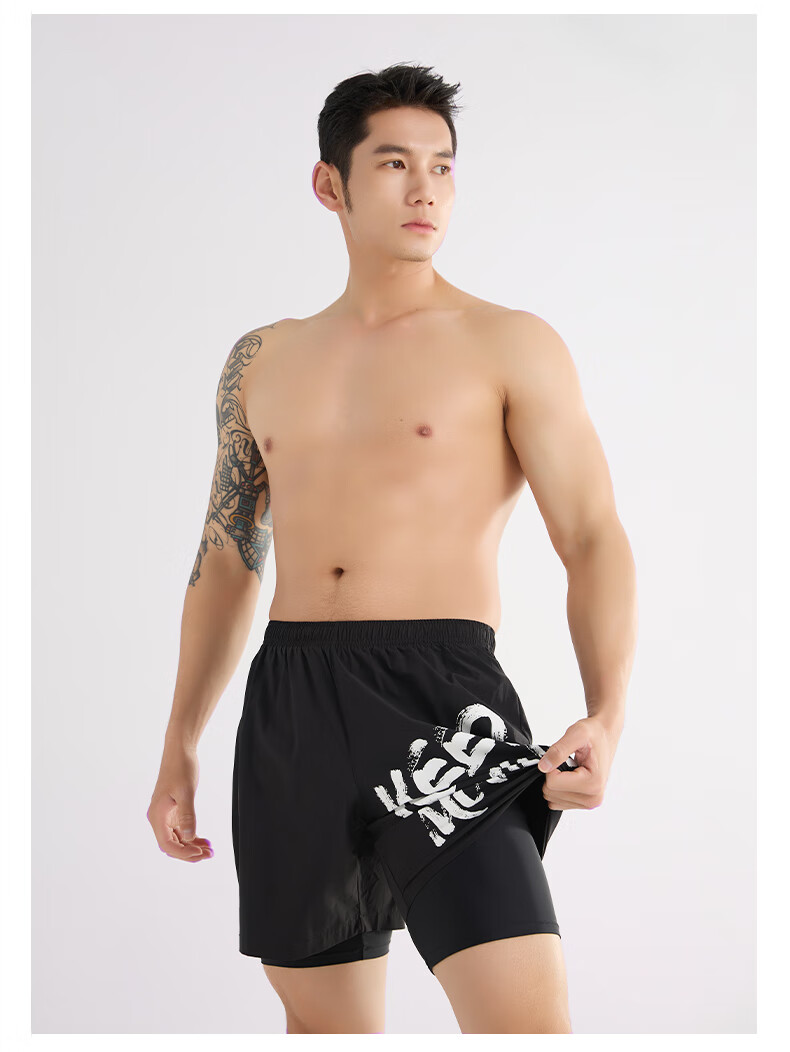 ANTA Men's Swim Shorts, Double-Layer Anti-Embarrassment, Knee-Length Professional Swim Trunks, Quick-Drying, Hot Spring, Men's Beach Style, Black, 3XL 10