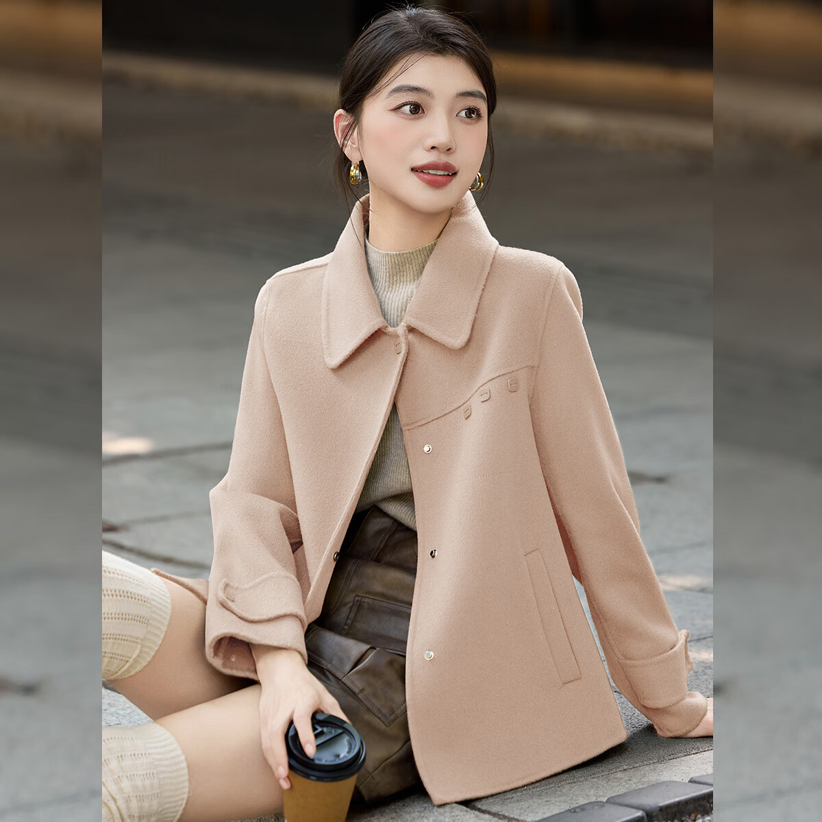 LOUISYAO Minimalist 100% Wool Short Coat 25 Winter New Fashion Slim Double-Sided Woolen Jacket Women Almond Color L