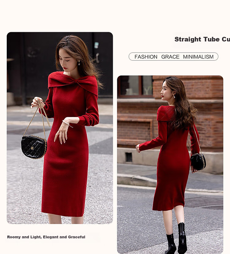 Dme [Jin Mishi Chuan Diao] Autumn And Winter French Elegant Little Lady Butterfly One-Strap Collar Knitted Mid-Length Women's Dress 4