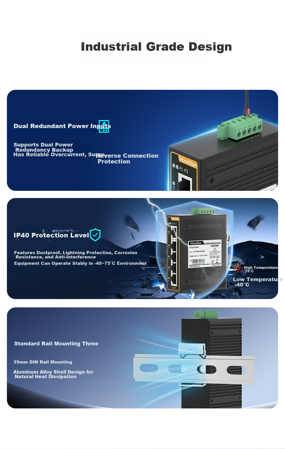 MoweStar Industrial-Grade Switch, 5-Port Layer 2 Unmanaged, 100Mbps Card Rail Compact Mini Switch, High And Low Temperature Resistant Industrial Ethernet Switch CS205 3