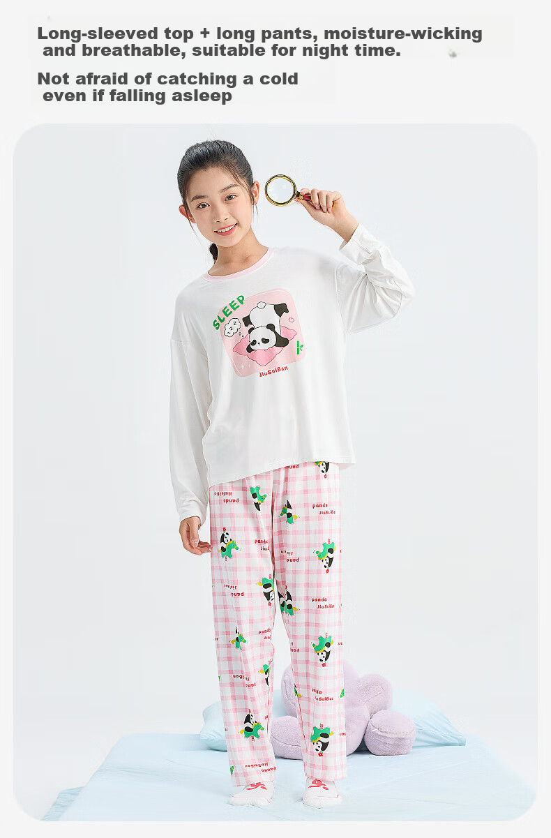 Jiusuiban Children's Pajamas for Girls, Autumn And Winter Class A High-Elastic Cotton Thin Home Wear Set, Cartoon Loose Pajama Pants for Older Childre 7