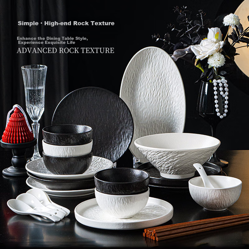 CERAMICS Japanese Underglaze Ceramic Bowl And Plate Dinnerware Set, Housewarming Gift, Black And White Rock Pattern, 29-Piece Gift Box Set for Mid-Autumn Festival