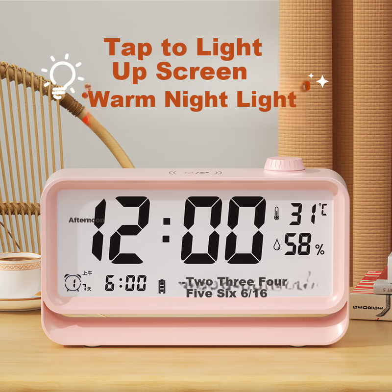 Compas Electronic Alarm Clock, New Student Model with Temperature And Humidity Display, Desktop Children's Wake-Up Device, Powerful Alarm Clock, Bedside Clock with Backlight Night Light, 2388A Pink, Back-To Seaso