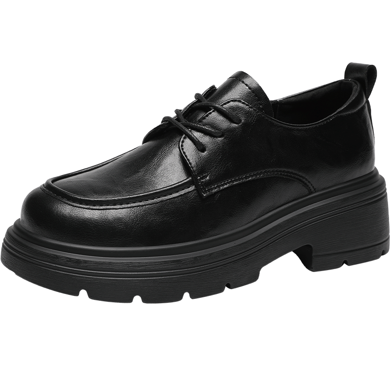 ZHR Women's Thick-Soled Loafers British Style Lace-Up Leather Shoes Platform Casual Flats AY273 Black Size 36