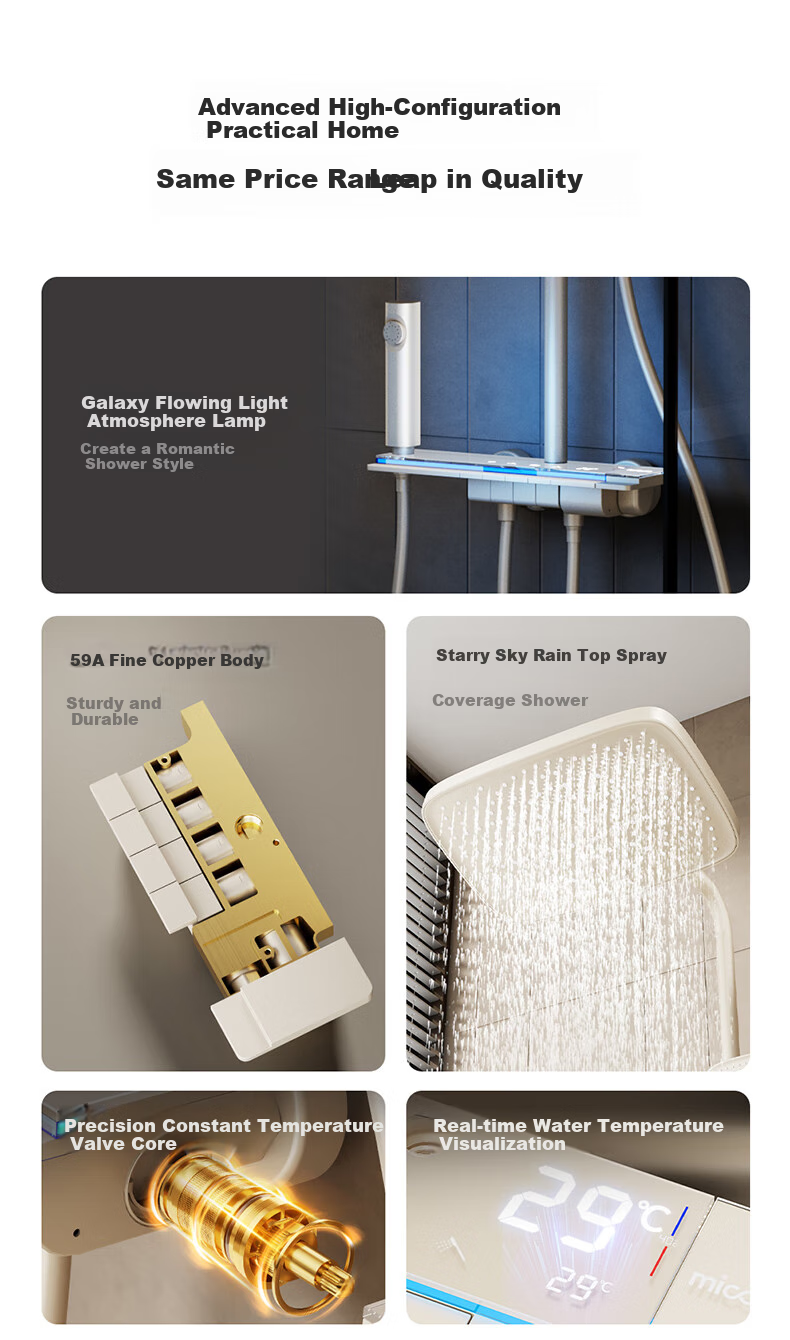MICOE Constant Temperature Shower Set, High-Pressure Brass Shower Head with Piano Key Digital Display And Ambient Light, Cream White Shower Head Complete Set M7+Plus 2