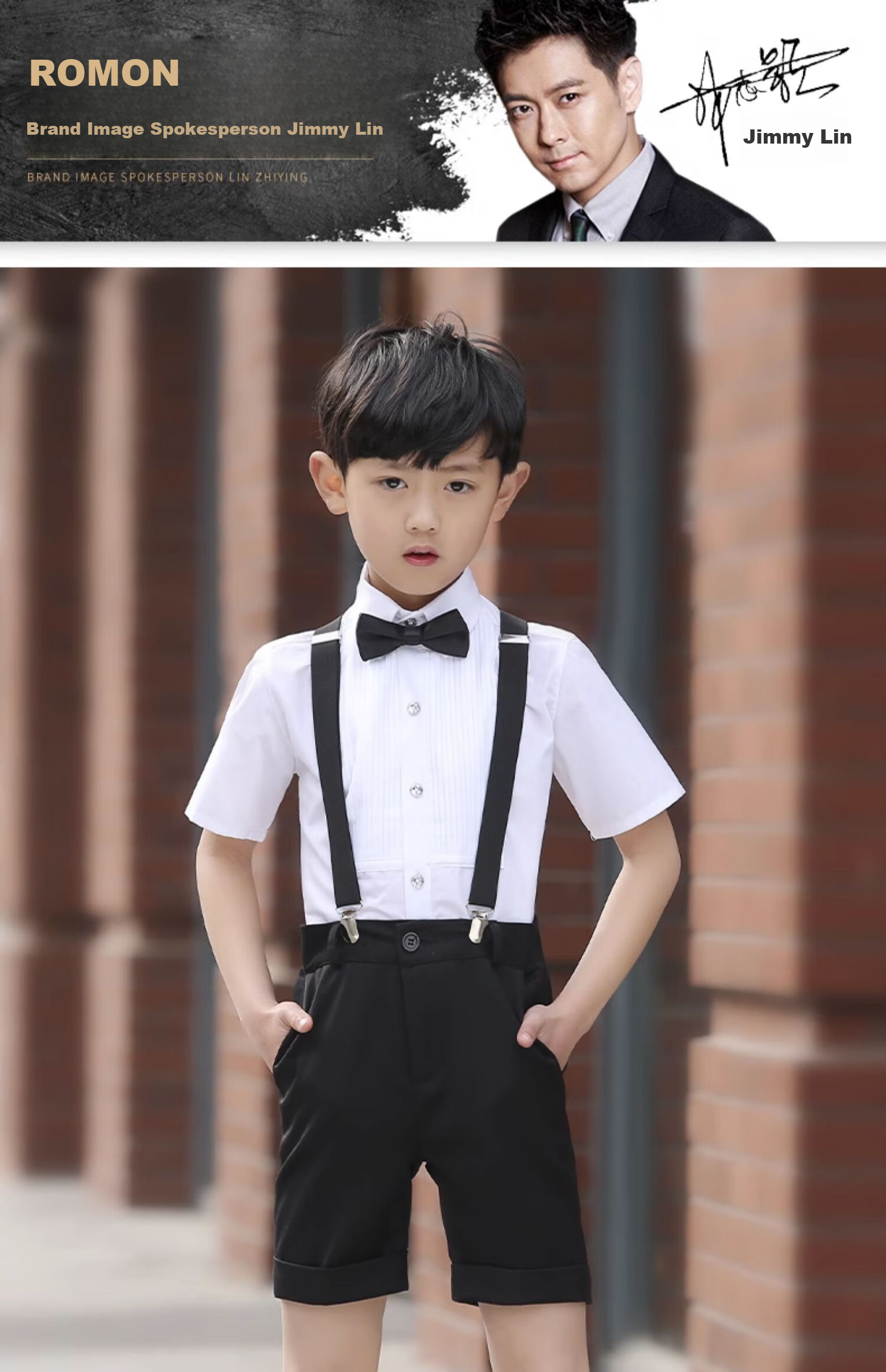 ROMON Boys' Formal Suit Set for Summer Graduation Performances And Events, Navy Blue Short Suspender Suit with Five Pieces, Size 140 3