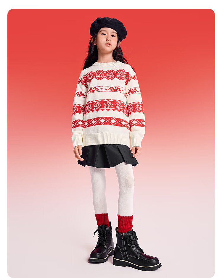 Balabala Kids Red Sweater Boys Girls Crew Neck Fair Isle Knit New Year Greeting Pullover 5
