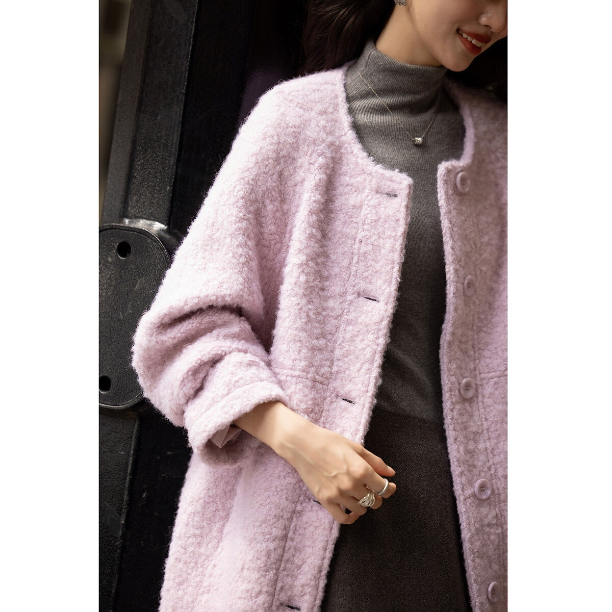 Demana Warm Wool Loop Fleece Winter Elegant Round Neck Mid-Length Loose Fit Women's Coat for Petite