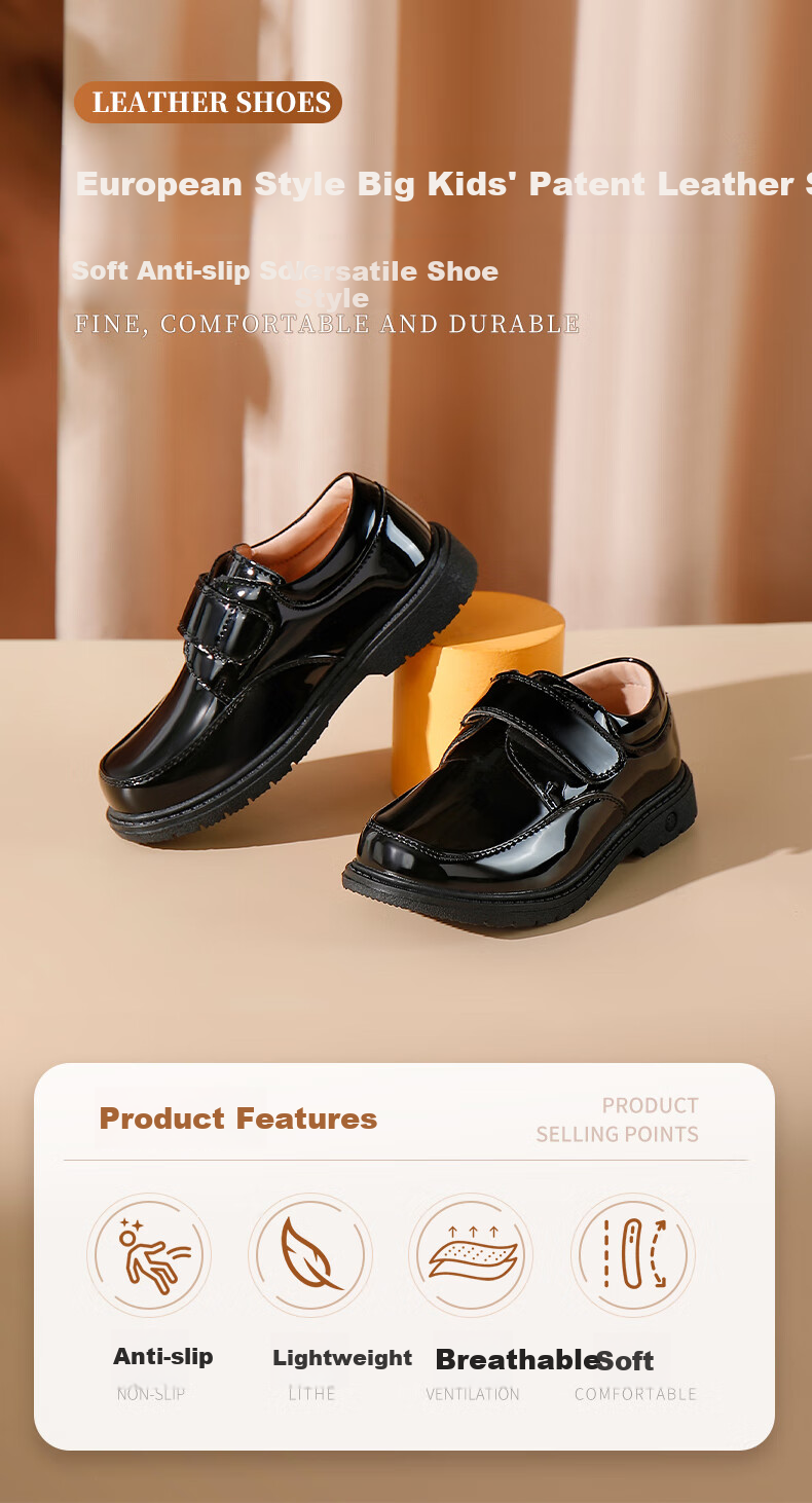 Luomeng Boys' Leather Shoes, Casual Student Style, British-Inspired Graduation Performance Shoes for Children, Black, Size 31 2