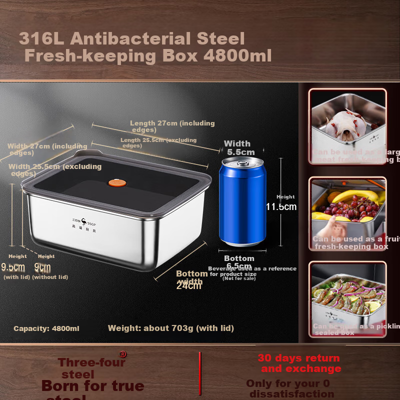 SSGP Stainless Steel Food Storage Container, 316L Food-Grade Lunch Box, Sealed Refrigerator Organizer Tray with Lid, Square Pan, 4800ml 3