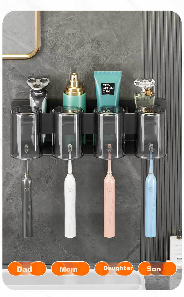 Jiabangshou Toothbrush Holder, No Drilling Required, Mouthwash Cup Wall-Mounted Toothbrush Rack Storage Shelf, Bathroom Toothbrush Cup Holder, Four Cups 11