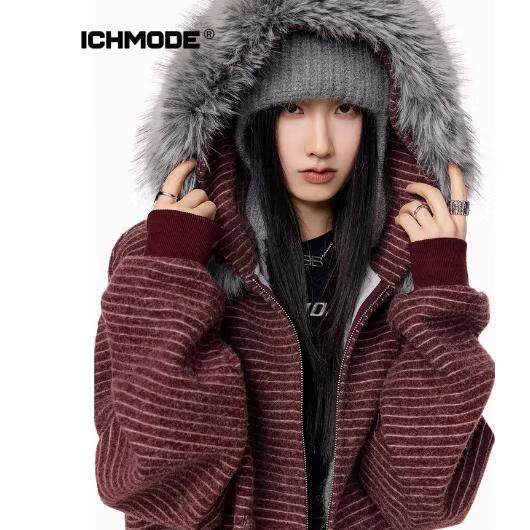 ICH MODE Women's American Style Hooded Striped Jacket with Fur Collar Autumn Winter New Zip-up Sweatshirt Cardigan Black M