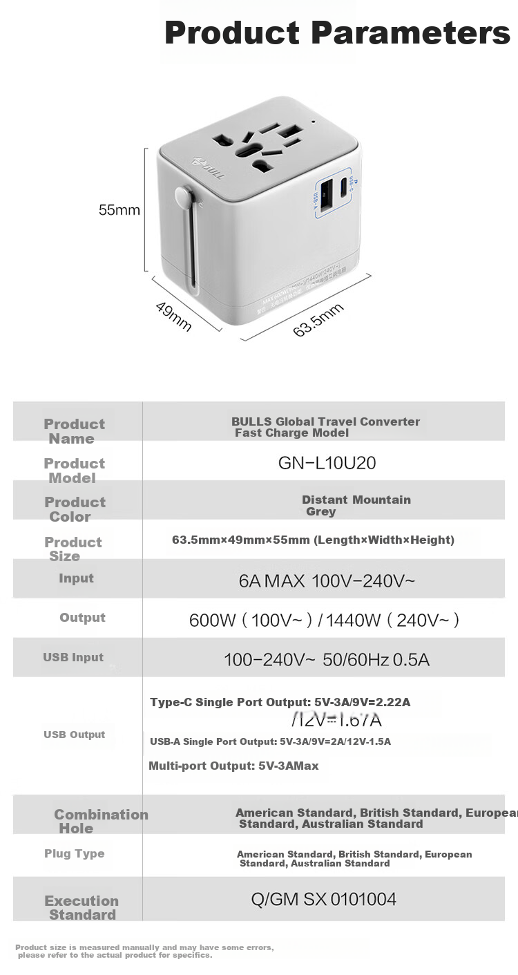 BULL 20W Fast Charging USB Multi-Country Socket Travel Adapter/World Converter Plug for International Travel Business Trip Study Abroad High Power Protection Plug European Standard American Standard Australian Standard British Standard Distant Mountain Gray 7