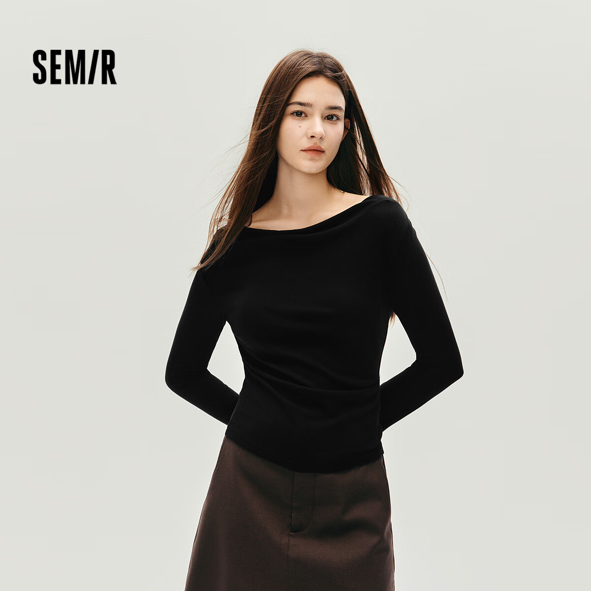 Semir Women's Long Sleeve T-shirt Short Thin Solid Color Design Sense 2025 Autumn Slim Dangling Neck Pullover 107625101001