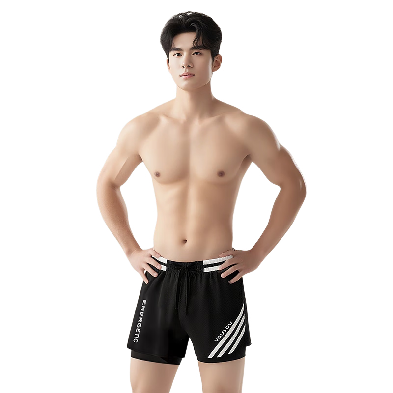 F.DYRAA Men's Swim Trunks Double-Layer Quick-Dry Loose Large Size Hot Spring Swimming Shorts Set of 3 26070 Black XL