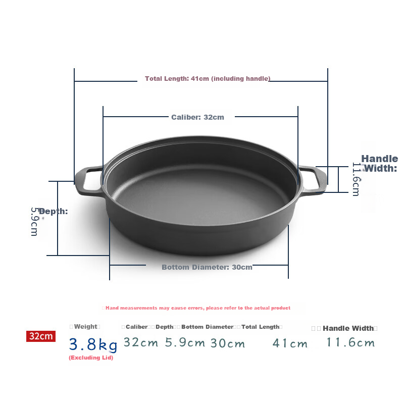 Dianjiang Cast Iron Skillet, Thick Flat Bottom Pan without Coating, for Pancakes And Eggs, 32cm, Home Use Steak Frying Pan, Deep Iron Skillet