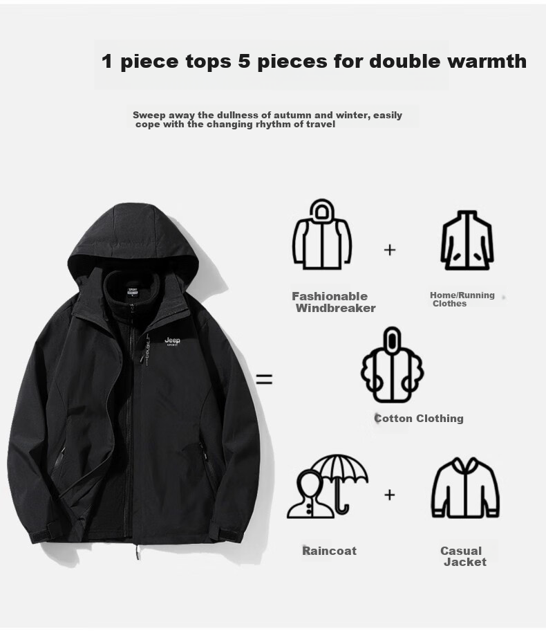 JEEP Men's Windbreaker Jacket, Autumn And Winter Three-In Detachable Outdoor Windproof Mountaineering Coat, Black Three-In Size M 18
